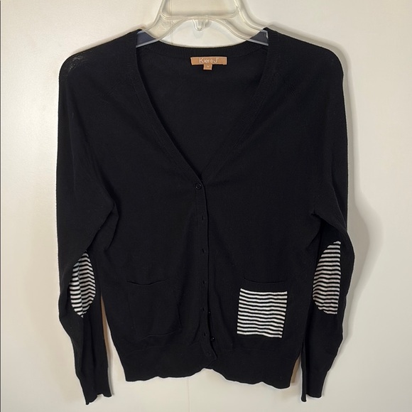 KIER + J Sweaters - KIER + J Black V-Neck Cardigan with Striped Elbow Patches